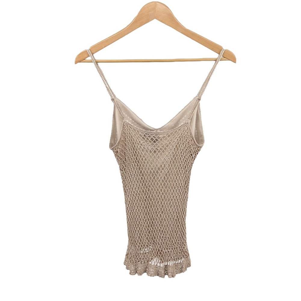 Say What? Y2K Crochet Double Layer Tank Sz L Ribbon Tie Tan Adjustable Strap - Picture 4 of 16